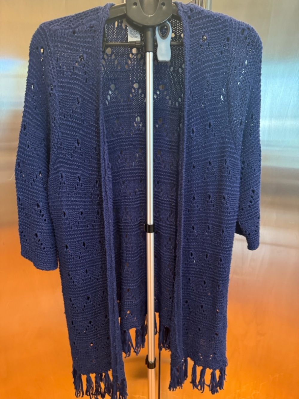 Catherines Navy Open-Front Crochet Fringe Cardigan NWOT - Picture 5 of 10